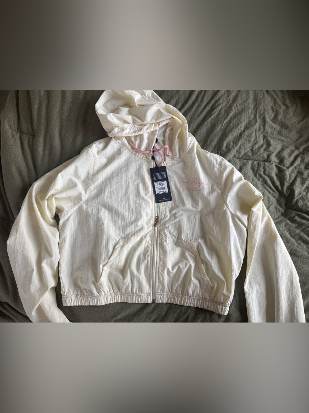 True Religion womens Cream Hooded Zip-Up Jacket with Pink Drawcord